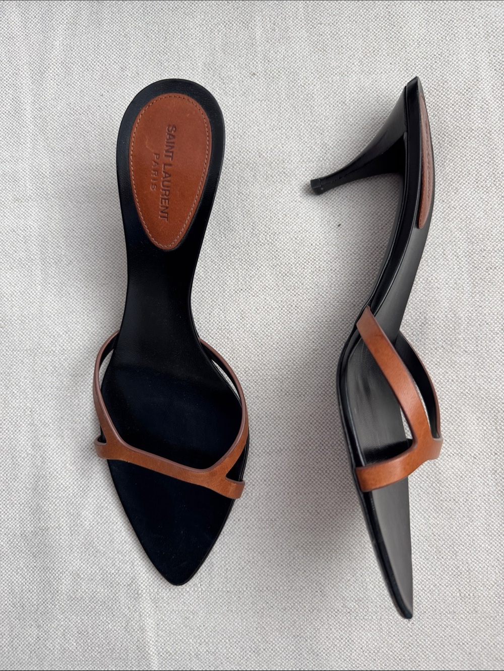 Saint Laurent Black & Brown Leather Pointed Slide Heels - Picture 3 of 5